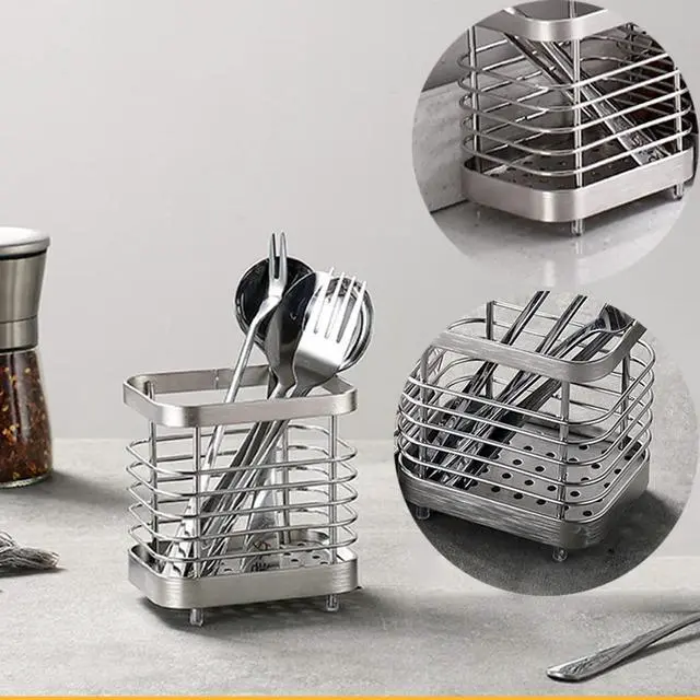 Alt view image 4 of 7 - Utensil Holder, Stainless Steel Sink Utensils Holder Countertop, Kitchen Utensil Drying Caddy, Cutlery Drainer for Utensil, Rust-Proof Cutlery Sink Organizer (Silver)