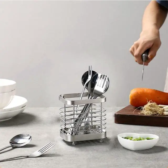 Alt view image 6 of 7 - Utensil Holder, Stainless Steel Sink Utensils Holder Countertop, Kitchen Utensil Drying Caddy, Cutlery Drainer for Utensil, Rust-Proof Cutlery Sink Organizer (Silver)