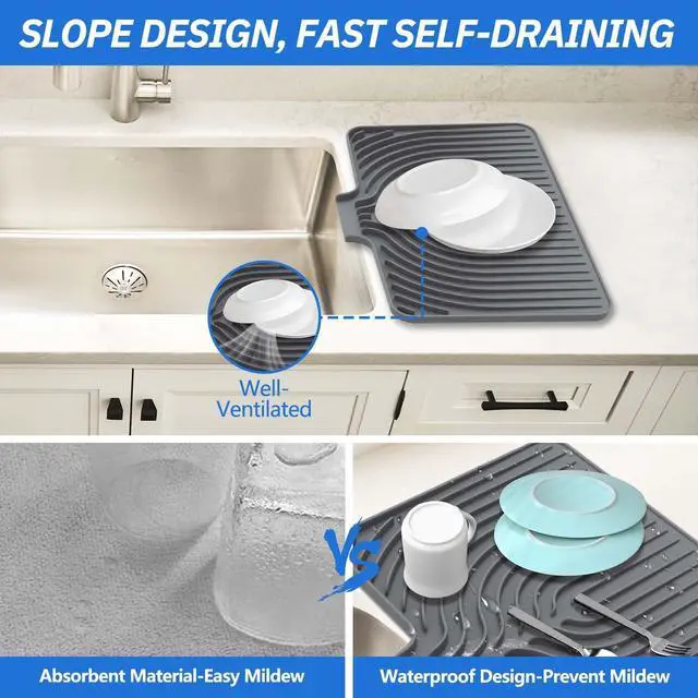 Alt view image 4 of 7 - Dish Drying Mat for Kitchen Counter, with Built-in Drain Lip, Food-Grade Silicone, Easy Clean Pad for Countertop Protection, Multi-Functional Use (14.7x10.2, Grey)