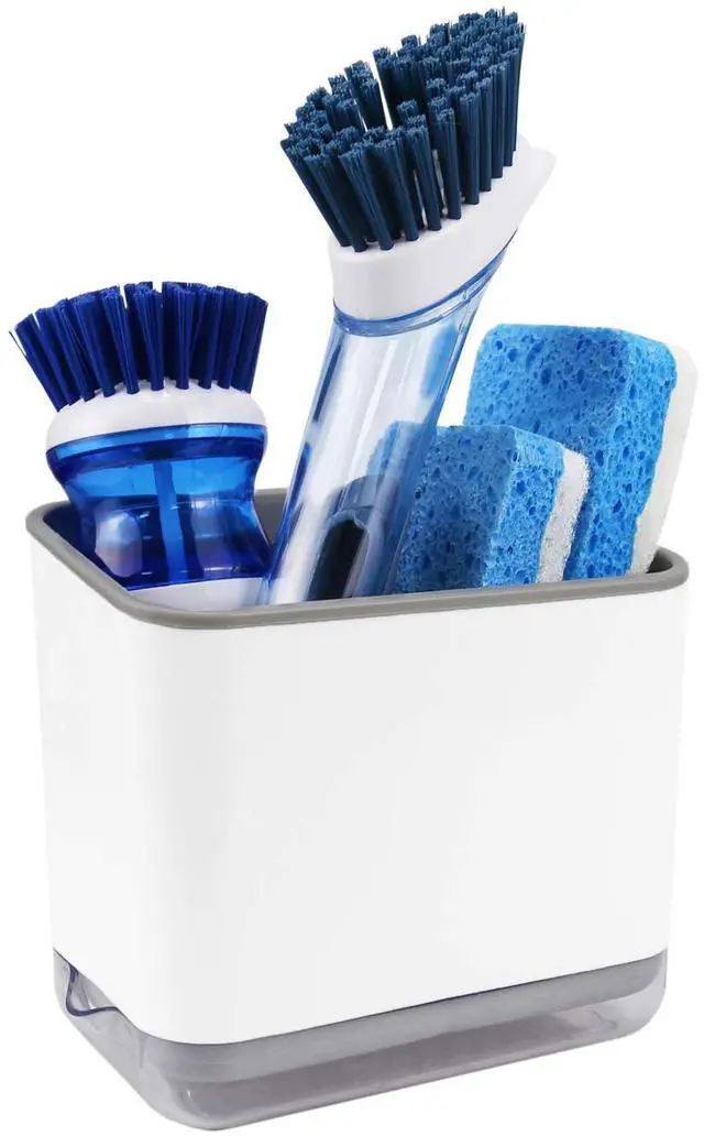 Main image of Sink Counter Caddy, Plastic Dish Sponge Holder, Kitchen Brush and Scrubber Organizer with Drain Tray, White