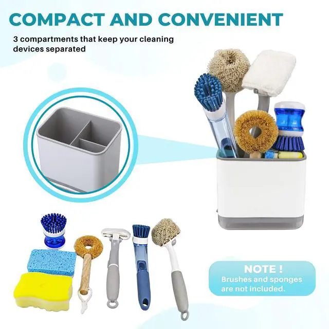 Alt view image 2 of 7 - Sink Counter Caddy, Plastic Dish Sponge Holder, Kitchen Brush and Scrubber Organizer with Drain Tray, White