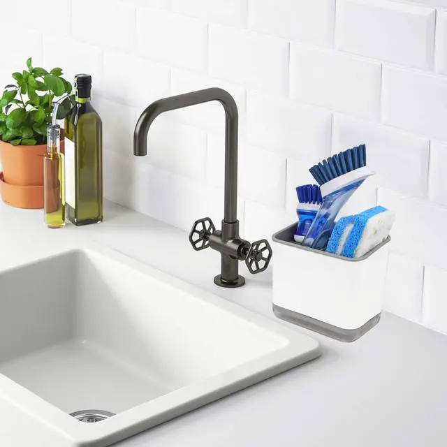Alt view image 3 of 7 - Sink Counter Caddy, Plastic Dish Sponge Holder, Kitchen Brush and Scrubber Organizer with Drain Tray, White