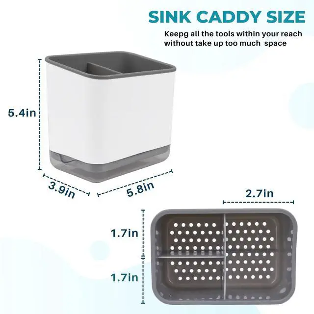 Alt view image 4 of 7 - Sink Counter Caddy, Plastic Dish Sponge Holder, Kitchen Brush and Scrubber Organizer with Drain Tray, White