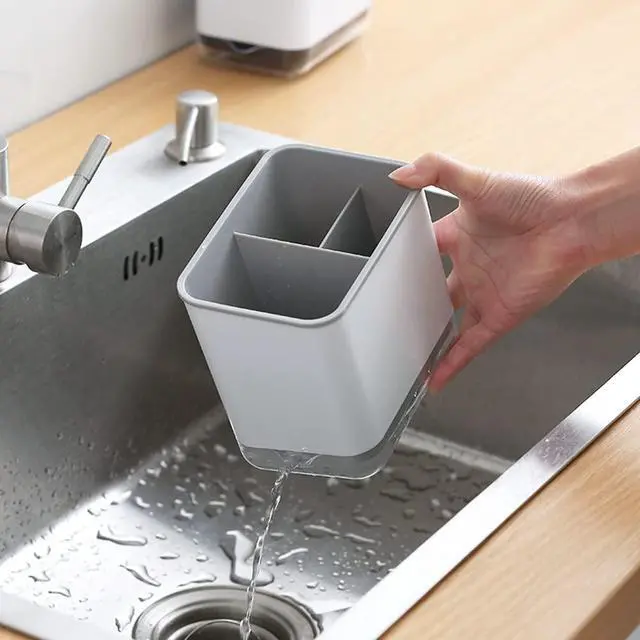 Alt view image 6 of 7 - Sink Counter Caddy, Plastic Dish Sponge Holder, Kitchen Brush and Scrubber Organizer with Drain Tray, White