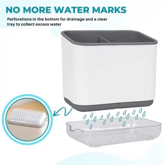 Alt view image 5 of 7 - Sink Counter Caddy, Plastic Dish Sponge Holder, Kitchen Brush and Scrubber Organizer with Drain Tray, White