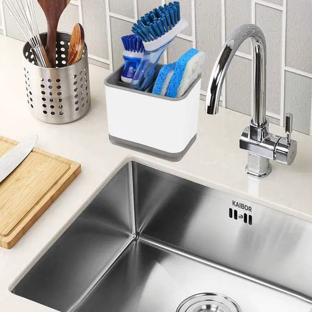 Alt view image 7 of 7 - Sink Counter Caddy, Plastic Dish Sponge Holder, Kitchen Brush and Scrubber Organizer with Drain Tray, White