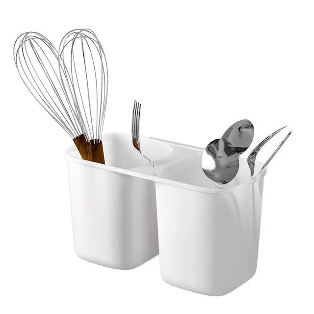 Alt view image 3 of 6 - Dish Rack Utensil Holder, Hanging Cutlery Drainer Caddy with Hooks, 2 Compartment Flatware Organizer for Forks, Spoons, Knives, Fits Over Most Dish Drying Racks, White