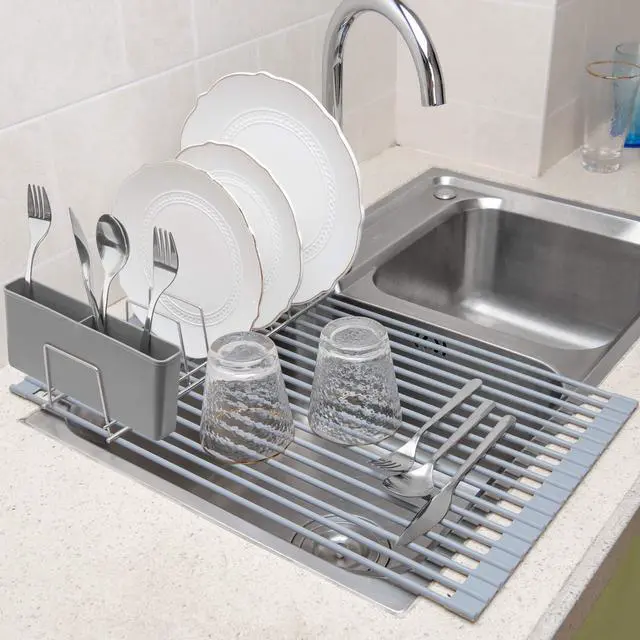 Alt view image 7 of 7 - Cutlery Utensil Silverware Drying Rack Basket Holder with Hooks - Flatware Storage Solution for Kitchen Dish Drainer Dish Drying Rack, Grey