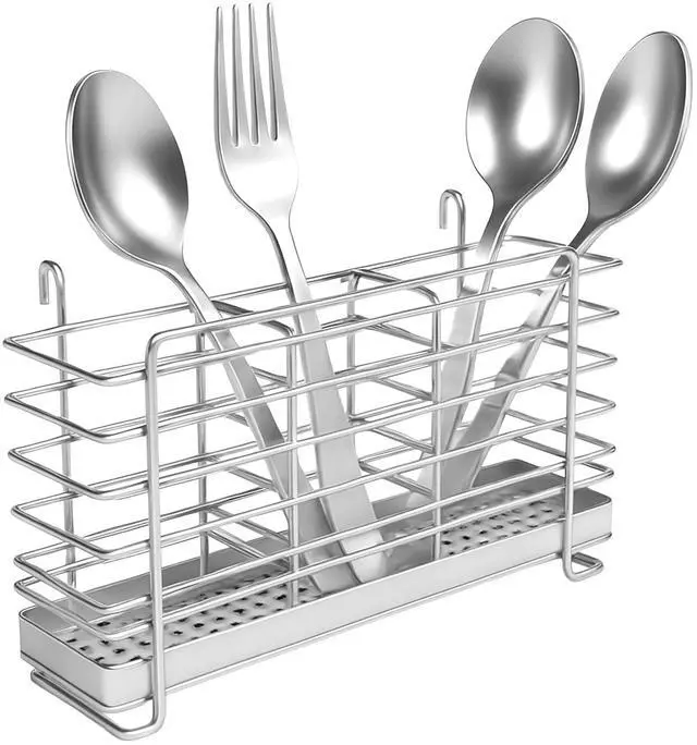 Main image of 304 Stainless Steel Utensil Drying Rack with Hooks & 3 Divided Compartments, Silverware Drying Basket, Spoon and Fork Organizer, Rustproof Kitchen Drainage Basket Accessories, Silver, 2x8.7x5