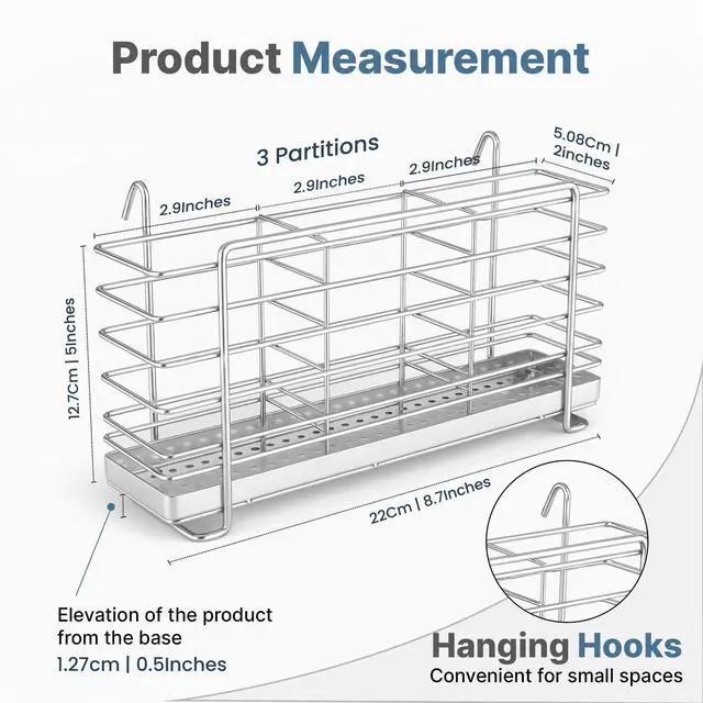 Alt view image 2 of 7 - 304 Stainless Steel Utensil Drying Rack with Hooks & 3 Divided Compartments, Silverware Drying Basket, Spoon and Fork Organizer, Rustproof Kitchen Drainage Basket Accessories, Silver, 2x8.7x5