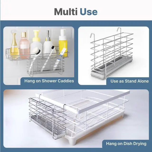 Alt view image 3 of 7 - 304 Stainless Steel Utensil Drying Rack with Hooks & 3 Divided Compartments, Silverware Drying Basket, Spoon and Fork Organizer, Rustproof Kitchen Drainage Basket Accessories, Silver, 2x8.7x5