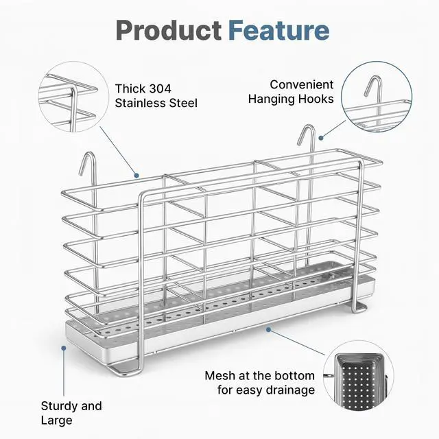 Alt view image 4 of 7 - 304 Stainless Steel Utensil Drying Rack with Hooks & 3 Divided Compartments, Silverware Drying Basket, Spoon and Fork Organizer, Rustproof Kitchen Drainage Basket Accessories, Silver, 2x8.7x5