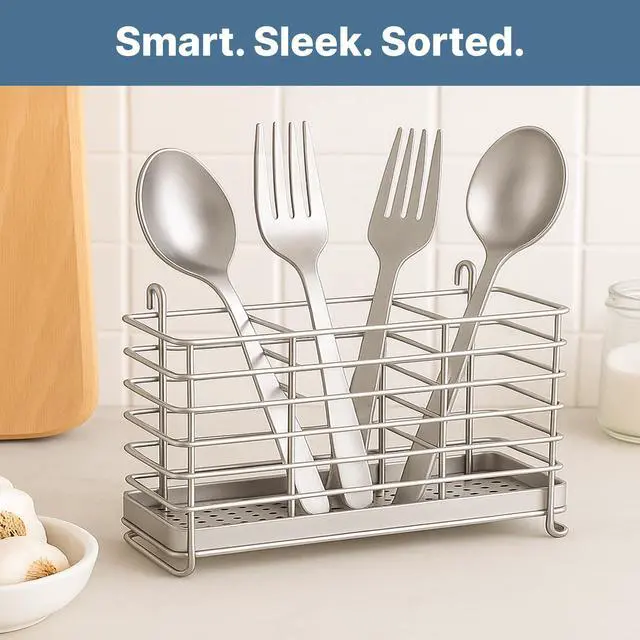 Alt view image 6 of 7 - 304 Stainless Steel Utensil Drying Rack with Hooks & 3 Divided Compartments, Silverware Drying Basket, Spoon and Fork Organizer, Rustproof Kitchen Drainage Basket Accessories, Silver, 2x8.7x5