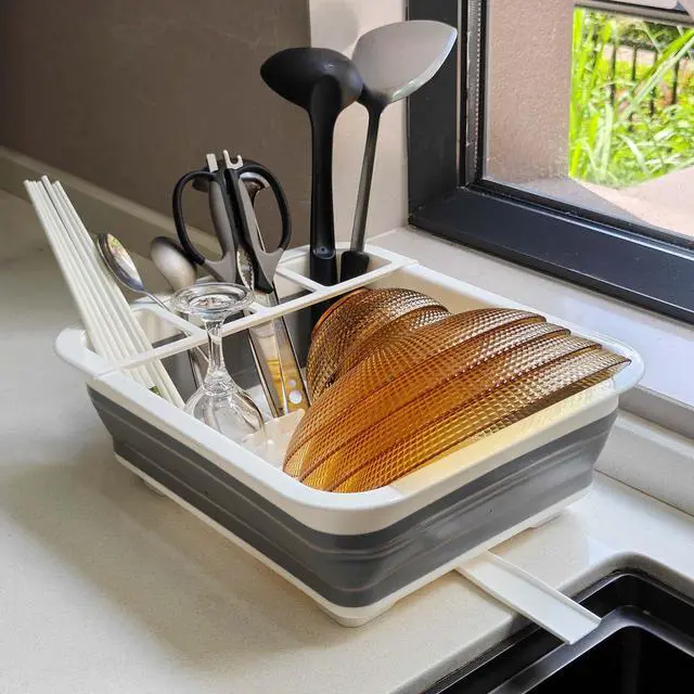 Alt view image 6 of 6 - Collapsible Dish Drying Rack, Foldable Dinnerware Drainer Organizer for Storage Kitchen Counter RV Accessories Portable Rack Holders for Dishes Plates and Cups Camping Travelling Space Saver Essential