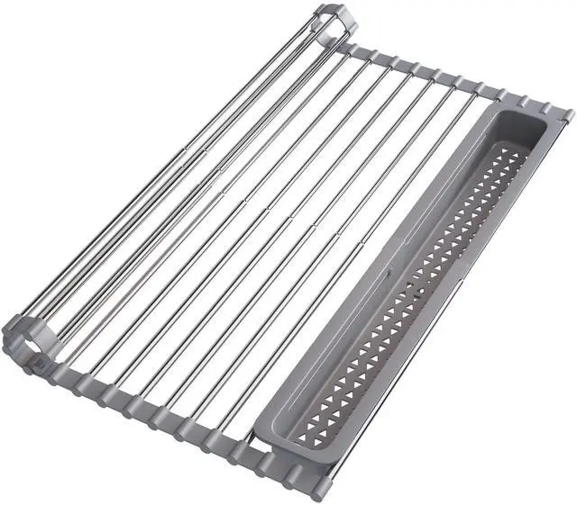 Main image of Roll Up Dish Drying Rack, Expandable (12.8"-23.8" D x 15.5" W) Stainless Steel Portable Drainer for Kitchen Sink Counter, Foldable Over The Sink Cover with Removable Utensil Holder, Gray