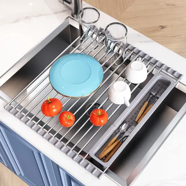Alt view image 2 of 7 - Roll Up Dish Drying Rack, Expandable (12.8"-23.8" D x 15.5" W) Stainless Steel Portable Drainer for Kitchen Sink Counter, Foldable Over The Sink Cover with Removable Utensil Holder, Gray