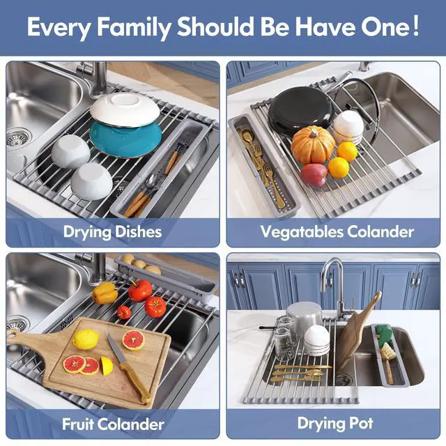 Alt view image 6 of 7 - Roll Up Dish Drying Rack, Expandable (12.8"-23.8" D x 15.5" W) Stainless Steel Portable Drainer for Kitchen Sink Counter, Foldable Over The Sink Cover with Removable Utensil Holder, Gray