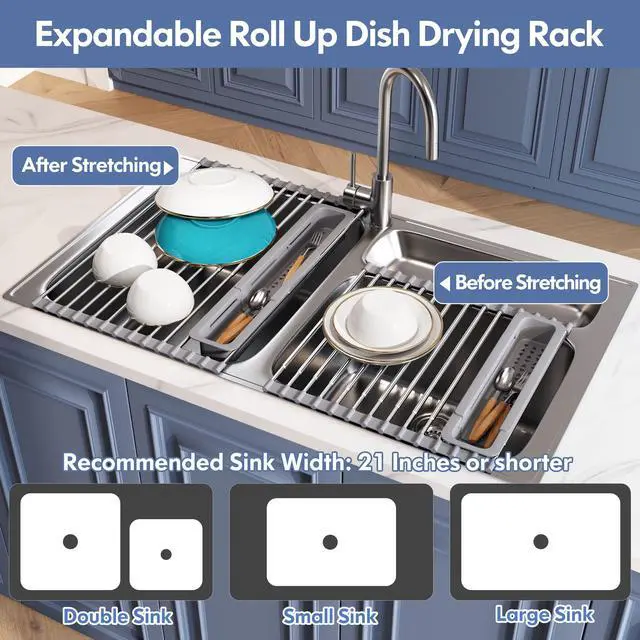 Alt view image 4 of 7 - Roll Up Dish Drying Rack, Expandable (12.8"-23.8" D x 15.5" W) Stainless Steel Portable Drainer for Kitchen Sink Counter, Foldable Over The Sink Cover with Removable Utensil Holder, Gray