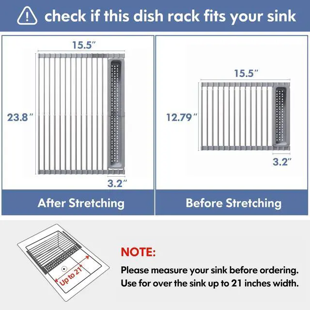Alt view image 5 of 7 - Roll Up Dish Drying Rack, Expandable (12.8"-23.8" D x 15.5" W) Stainless Steel Portable Drainer for Kitchen Sink Counter, Foldable Over The Sink Cover with Removable Utensil Holder, Gray