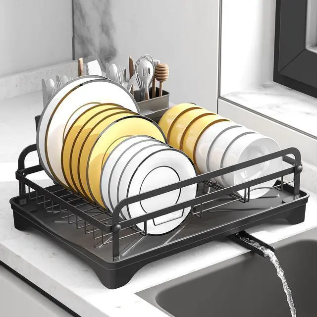 Main image of Dish Drying Rack for Kitchen Counter, Large Dish Drying Rack with Utensil Holder & Cutlery Tray, Dish Drainer with Drainboard, Black