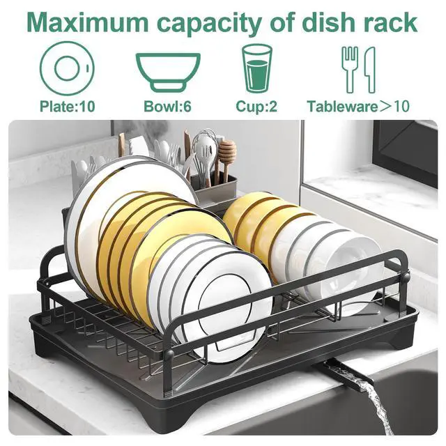 Alt view image 2 of 7 - Dish Drying Rack for Kitchen Counter, Large Dish Drying Rack with Utensil Holder & Cutlery Tray, Dish Drainer with Drainboard, Black