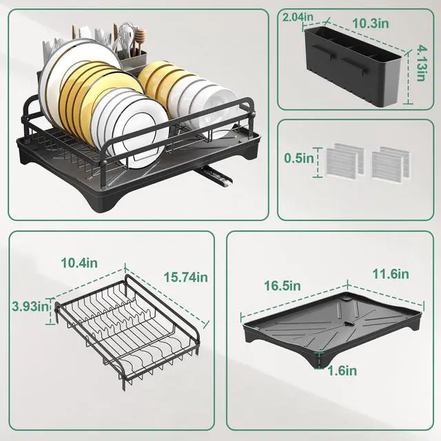 Alt view image 3 of 7 - Dish Drying Rack for Kitchen Counter, Large Dish Drying Rack with Utensil Holder & Cutlery Tray, Dish Drainer with Drainboard, Black