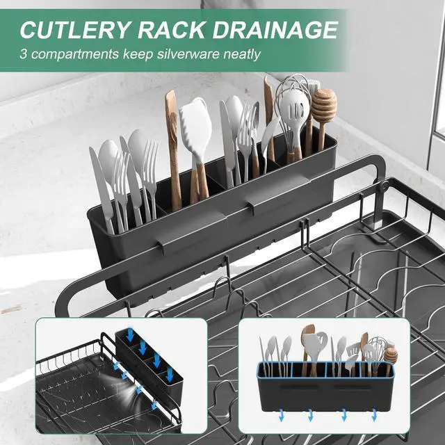 Alt view image 4 of 7 - Dish Drying Rack for Kitchen Counter, Large Dish Drying Rack with Utensil Holder & Cutlery Tray, Dish Drainer with Drainboard, Black