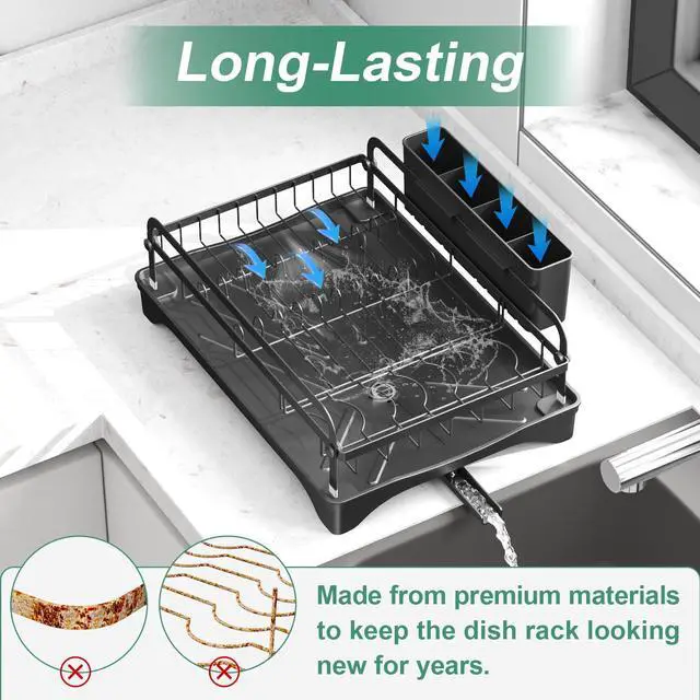 Alt view image 5 of 7 - Dish Drying Rack for Kitchen Counter, Large Dish Drying Rack with Utensil Holder & Cutlery Tray, Dish Drainer with Drainboard, Black