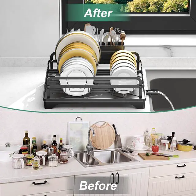 Alt view image 7 of 7 - Dish Drying Rack for Kitchen Counter, Large Dish Drying Rack with Utensil Holder & Cutlery Tray, Dish Drainer with Drainboard, Black