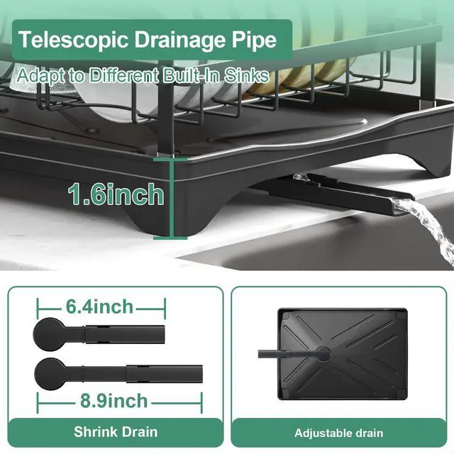 Alt view image 6 of 7 - Dish Drying Rack for Kitchen Counter, Large Dish Drying Rack with Utensil Holder & Cutlery Tray, Dish Drainer with Drainboard, Black