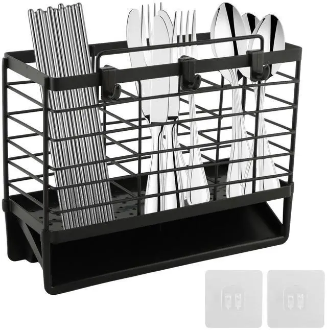 Main image of 3-Compartment Dish Drying Rack for Kitchen, Carbon Steel Utensil Holder with Drain Tray, Utensil Caddy Organizer for Knives, Forks, Spoons, Chopsticks, Wall Mount or Countertop(COLOR:Black)