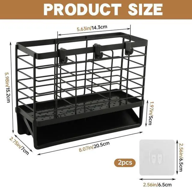 Alt view image 2 of 7 - 3-Compartment Dish Drying Rack for Kitchen, Carbon Steel Utensil Holder with Drain Tray, Utensil Caddy Organizer for Knives, Forks, Spoons, Chopsticks, Wall Mount or Countertop(COLOR:Black)