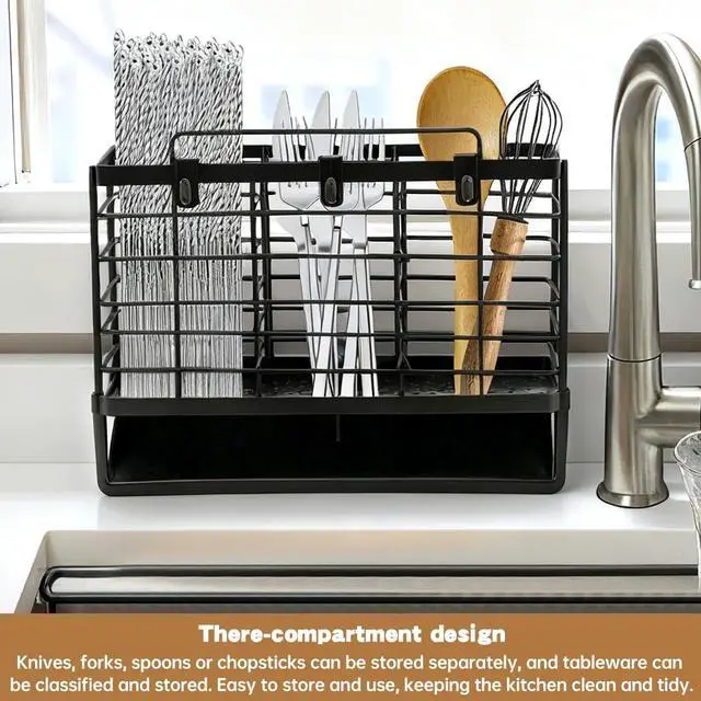 Alt view image 4 of 7 - 3-Compartment Dish Drying Rack for Kitchen, Carbon Steel Utensil Holder with Drain Tray, Utensil Caddy Organizer for Knives, Forks, Spoons, Chopsticks, Wall Mount or Countertop(COLOR:Black)