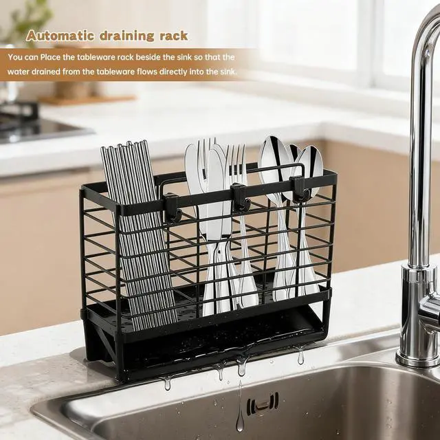 Alt view image 3 of 7 - 3-Compartment Dish Drying Rack for Kitchen, Carbon Steel Utensil Holder with Drain Tray, Utensil Caddy Organizer for Knives, Forks, Spoons, Chopsticks, Wall Mount or Countertop(COLOR:Black)