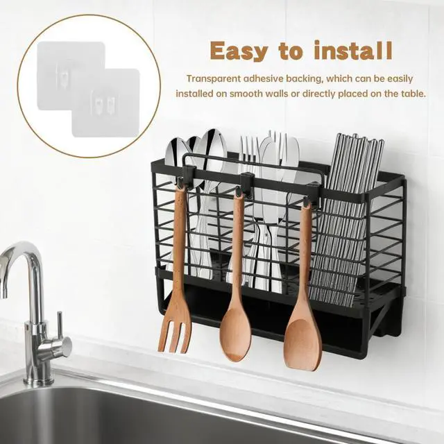 Alt view image 5 of 7 - 3-Compartment Dish Drying Rack for Kitchen, Carbon Steel Utensil Holder with Drain Tray, Utensil Caddy Organizer for Knives, Forks, Spoons, Chopsticks, Wall Mount or Countertop(COLOR:Black)