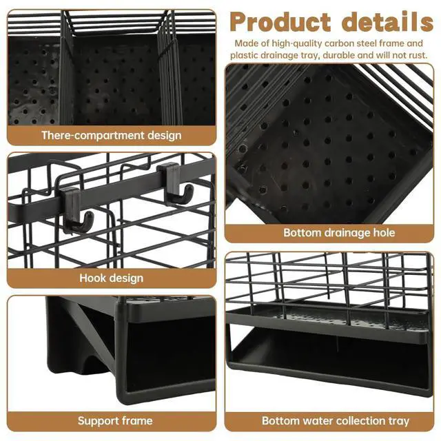 Alt view image 6 of 7 - 3-Compartment Dish Drying Rack for Kitchen, Carbon Steel Utensil Holder with Drain Tray, Utensil Caddy Organizer for Knives, Forks, Spoons, Chopsticks, Wall Mount or Countertop(COLOR:Black)