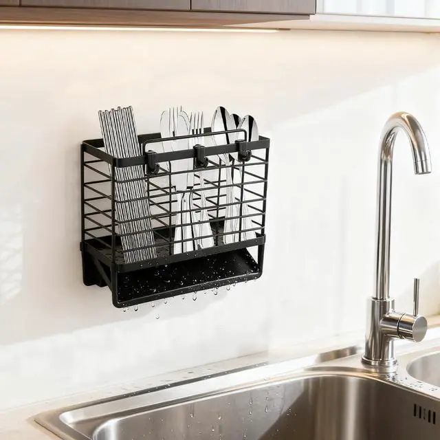 Alt view image 7 of 7 - 3-Compartment Dish Drying Rack for Kitchen, Carbon Steel Utensil Holder with Drain Tray, Utensil Caddy Organizer for Knives, Forks, Spoons, Chopsticks, Wall Mount or Countertop(COLOR:Black)