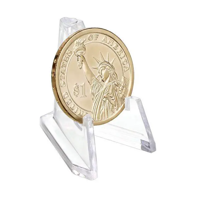 Alt view image 2 of 7 - 20 Packs Mini Acrylic Easel Stands Clear Coin Display Easel Holder for Displaying Air-Tite Coins Pocket Watches Capsules Challenge Medals Casino Chips