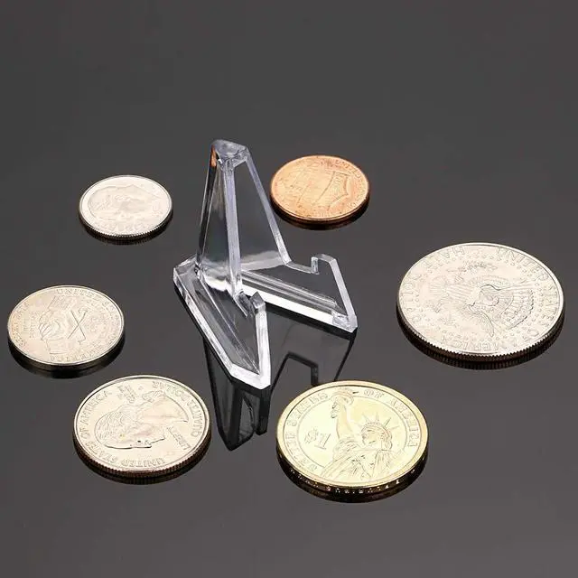 Alt view image 5 of 7 - 20 Packs Mini Acrylic Easel Stands Clear Coin Display Easel Holder for Displaying Air-Tite Coins Pocket Watches Capsules Challenge Medals Casino Chips