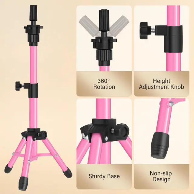 Alt view image 4 of 7 - 25 Inch Wig Stand Tripod, Adjustable Mannequin Head Stand, Wig Head Stand for Training Heads And Canvas Block Head (Pink, Mannequin Head Not Included)
