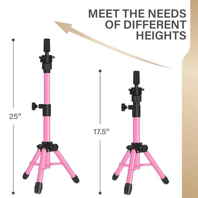 Alt view image 2 of 7 - 25 Inch Wig Stand Tripod, Adjustable Mannequin Head Stand, Wig Head Stand for Training Heads And Canvas Block Head (Pink, Mannequin Head Not Included)