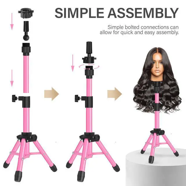 Alt view image 5 of 7 - 25 Inch Wig Stand Tripod, Adjustable Mannequin Head Stand, Wig Head Stand for Training Heads And Canvas Block Head (Pink, Mannequin Head Not Included)