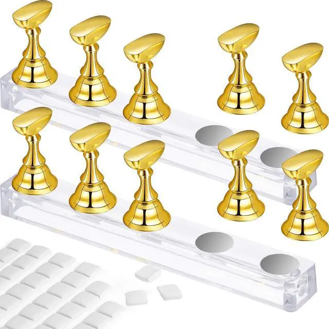 Main image of 2 Set Nail Stand for Painting Press Nail Holder Acrylic Magnetic Tips Training Fingernail Display Stands DIY Crystal Holders and 96 Pieces White Reusable Adhesive Putty(Gold)