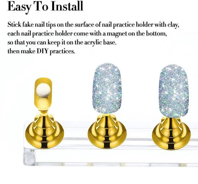 Alt view image 5 of 6 - 2 Set Nail Stand for Painting Press Nail Holder Acrylic Magnetic Tips Training Fingernail Display Stands DIY Crystal Holders and 96 Pieces White Reusable Adhesive Putty(Gold)