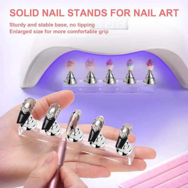 Alt view image 3 of 7 - Nail Stand Press On Nail Stand Nail Holder for Painting Nails Magnetic Nail Tips Practice Stands with 80Pcs Reusable Putty (Silver)