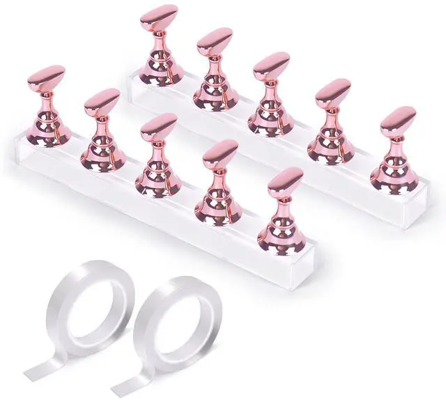 Main image of 2 Sets Pink Nail Painting Practice Stand With 1M Double-sided Tape Acrylic Fake Nail Art Holder For Press Ons Magnetic Nail Display Design Tools Kit Accessories For Home Diy Salon Supplies