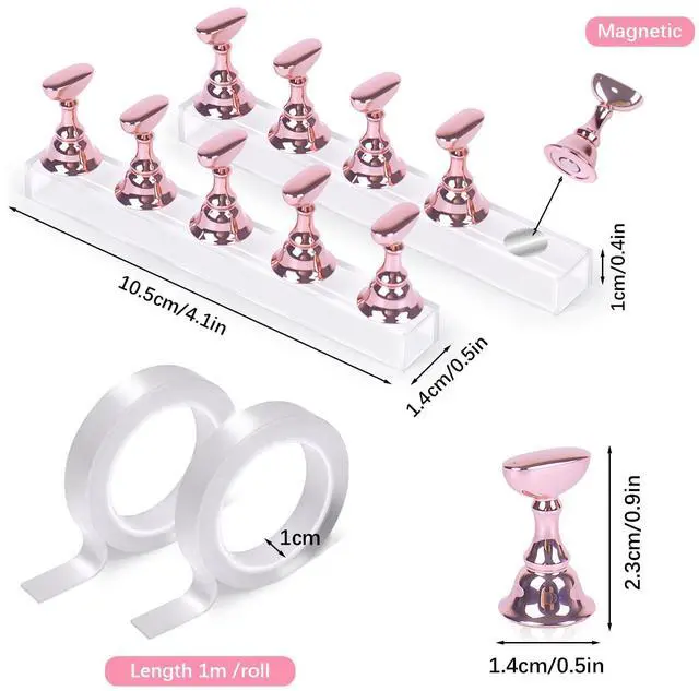 Alt view image 2 of 7 - 2 Sets Pink Nail Painting Practice Stand With 1M Double-sided Tape Acrylic Fake Nail Art Holder For Press Ons Magnetic Nail Display Design Tools Kit Accessories For Home Diy Salon Supplies