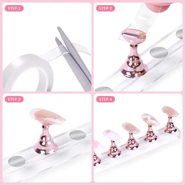 Alt view image 7 of 7 - 2 Sets Pink Nail Painting Practice Stand With 1M Double-sided Tape Acrylic Fake Nail Art Holder For Press Ons Magnetic Nail Display Design Tools Kit Accessories For Home Diy Salon Supplies
