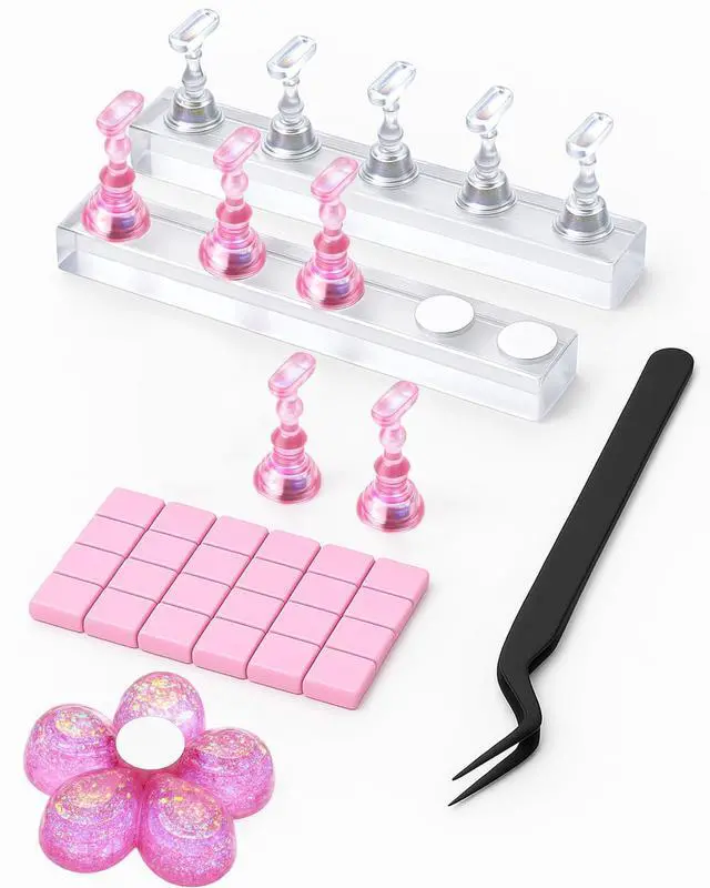 Main image of Nail Stand for Press On Nails 2 Set Acrylic Nail Holders for Nail Art Practice, 10 Nail Stands, 60Pcs Reusable Putty, Flower Shaped Base & Tweezers, Nail Art Tool Kit for Salon & Home