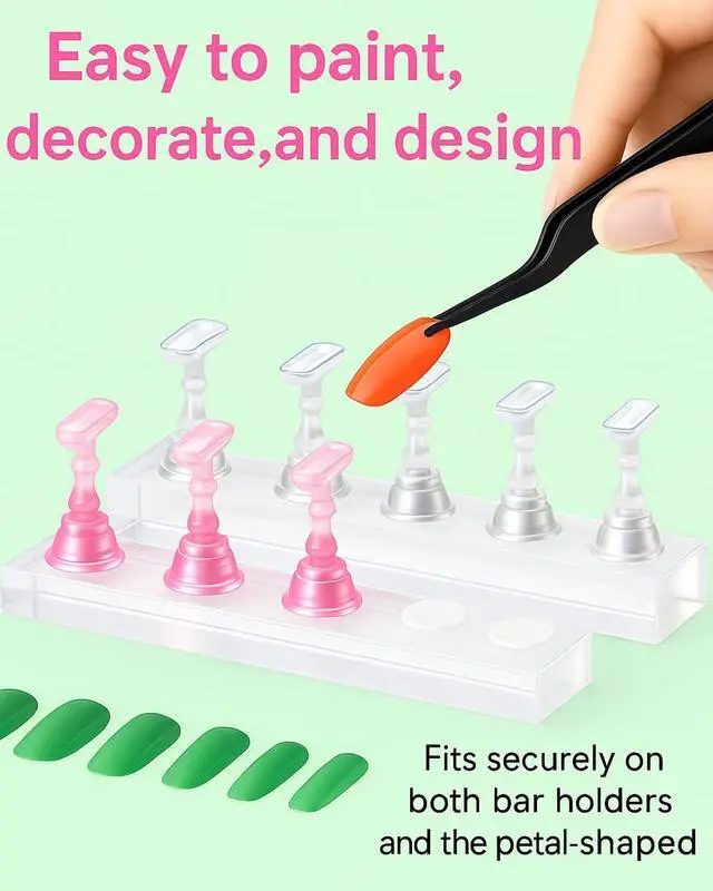 Alt view image 3 of 7 - Nail Stand for Press On Nails 2 Set Acrylic Nail Holders for Nail Art Practice, 10 Nail Stands, 60Pcs Reusable Putty, Flower Shaped Base & Tweezers, Nail Art Tool Kit for Salon & Home